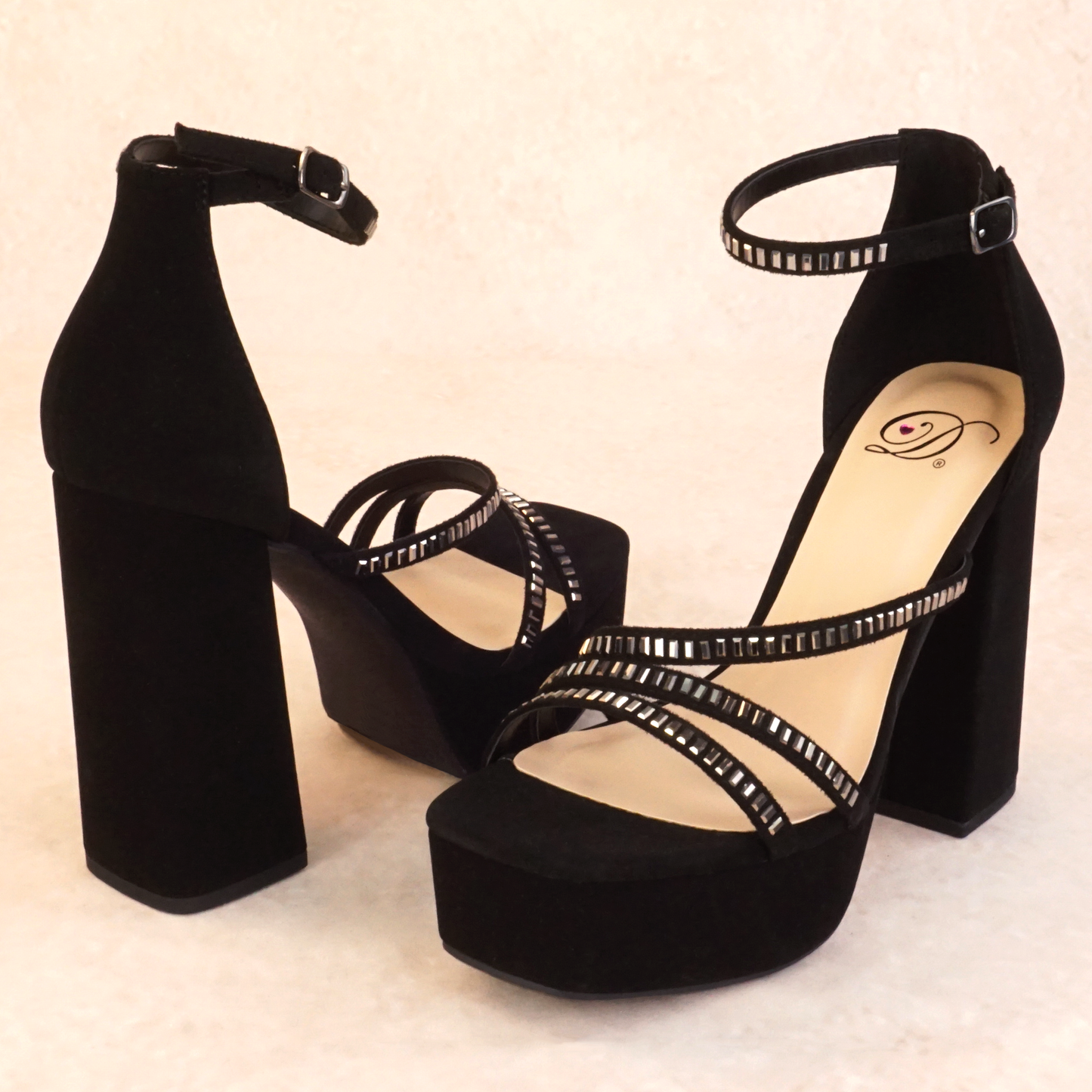 Black nubuck strappy block heels with rhinestones