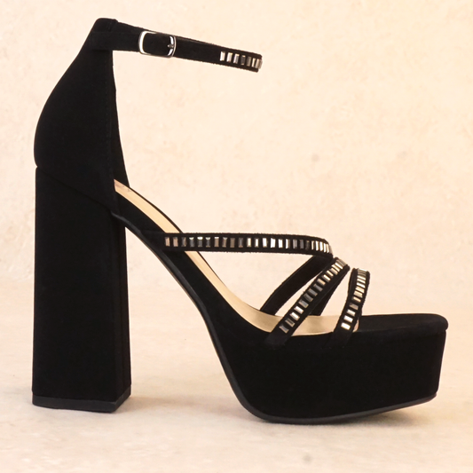 Black nubuck strappy block heels with rhinestones