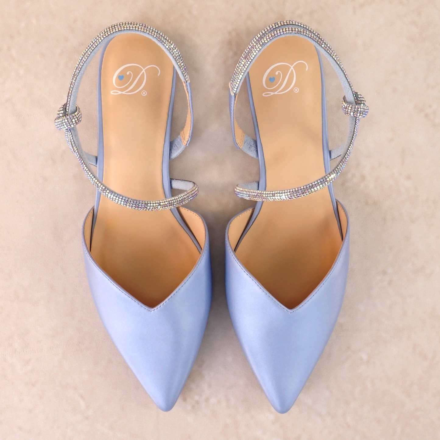 Pointed-toe slingback blue flat with rhinestone strap