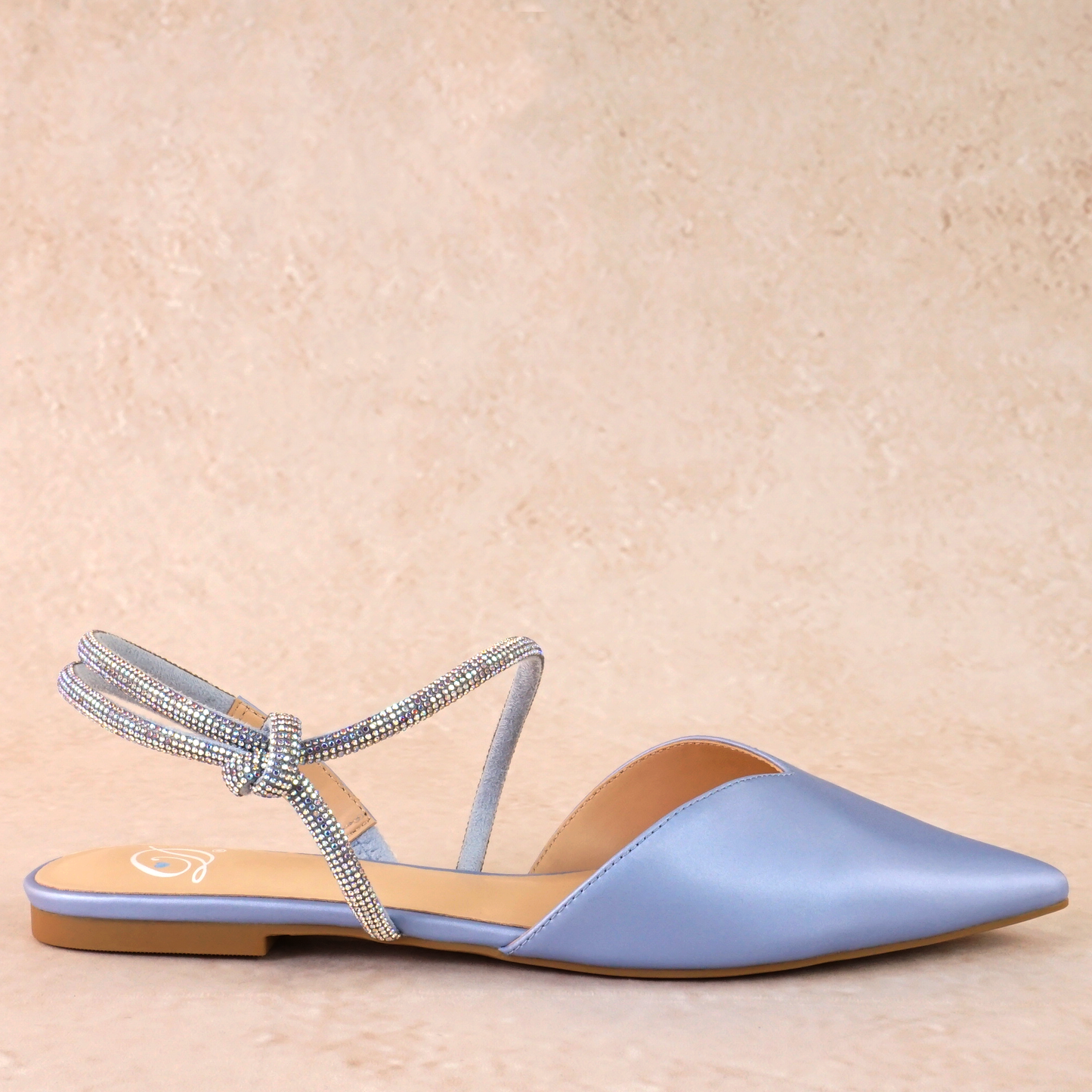 Pointed-toe slingback blue flat with rhinestone strap