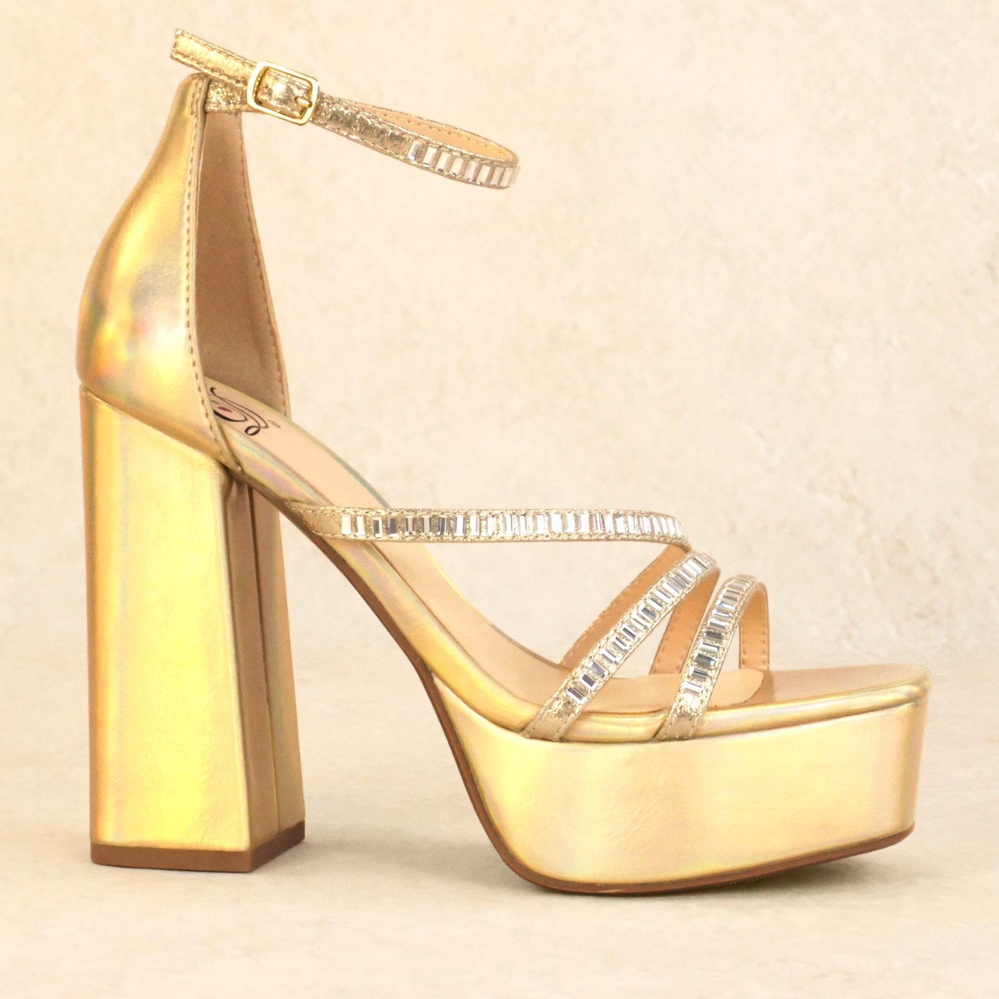 Gold iridescent strappy block heels with rhinestones