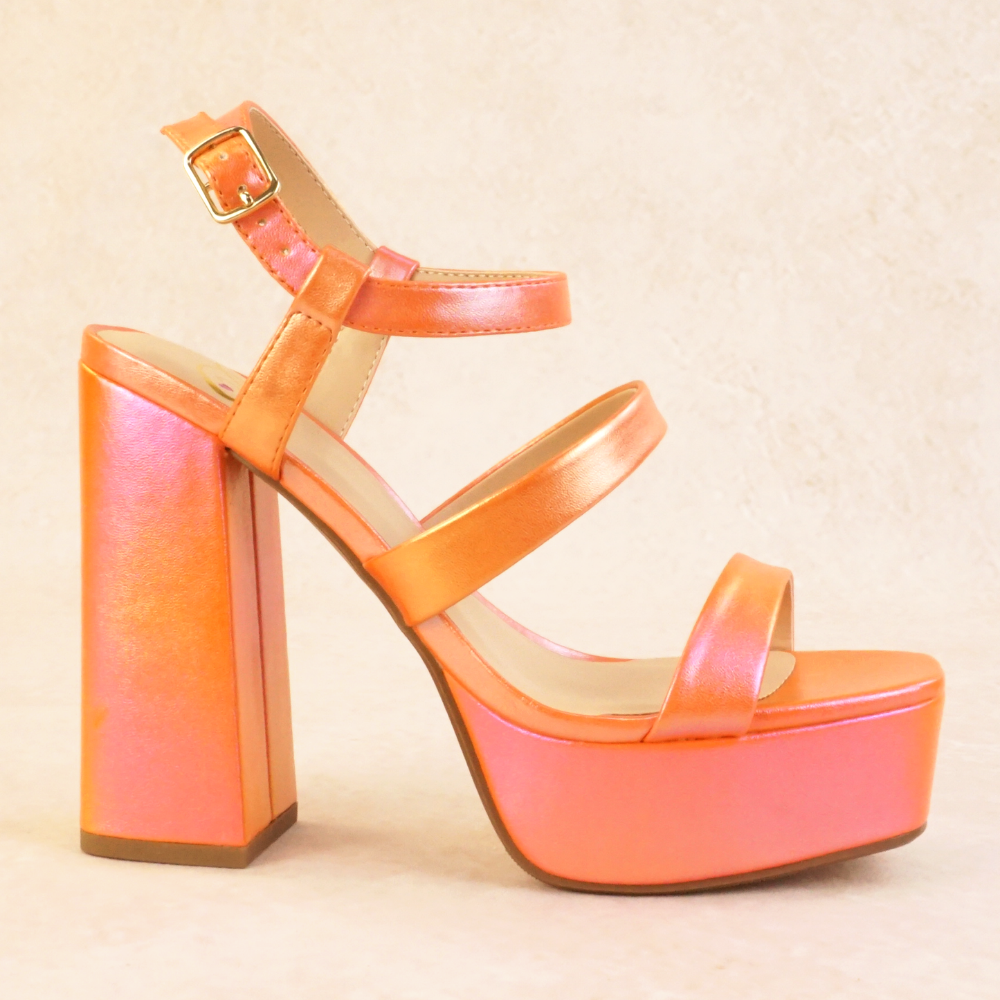 Orange iridescent strappy block heels