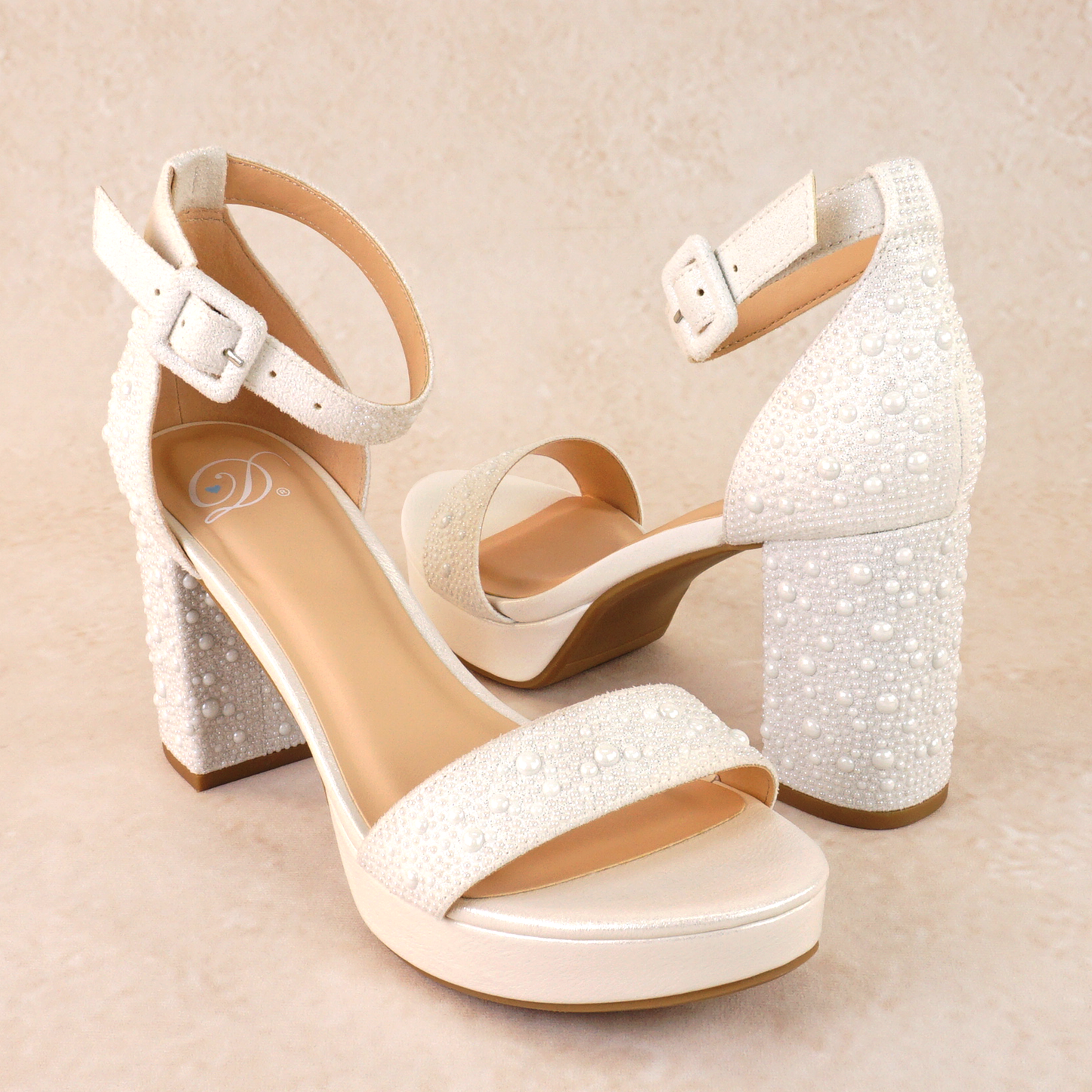 Allover pearl 3.6" block heel single band sandal in white with 1" platform