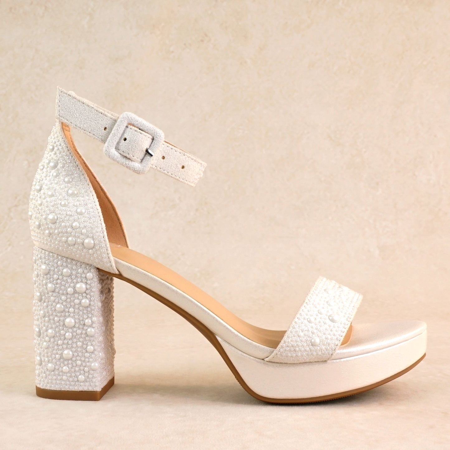 Allover pearl 3.6" block heel single band sandal in white with 1" platform