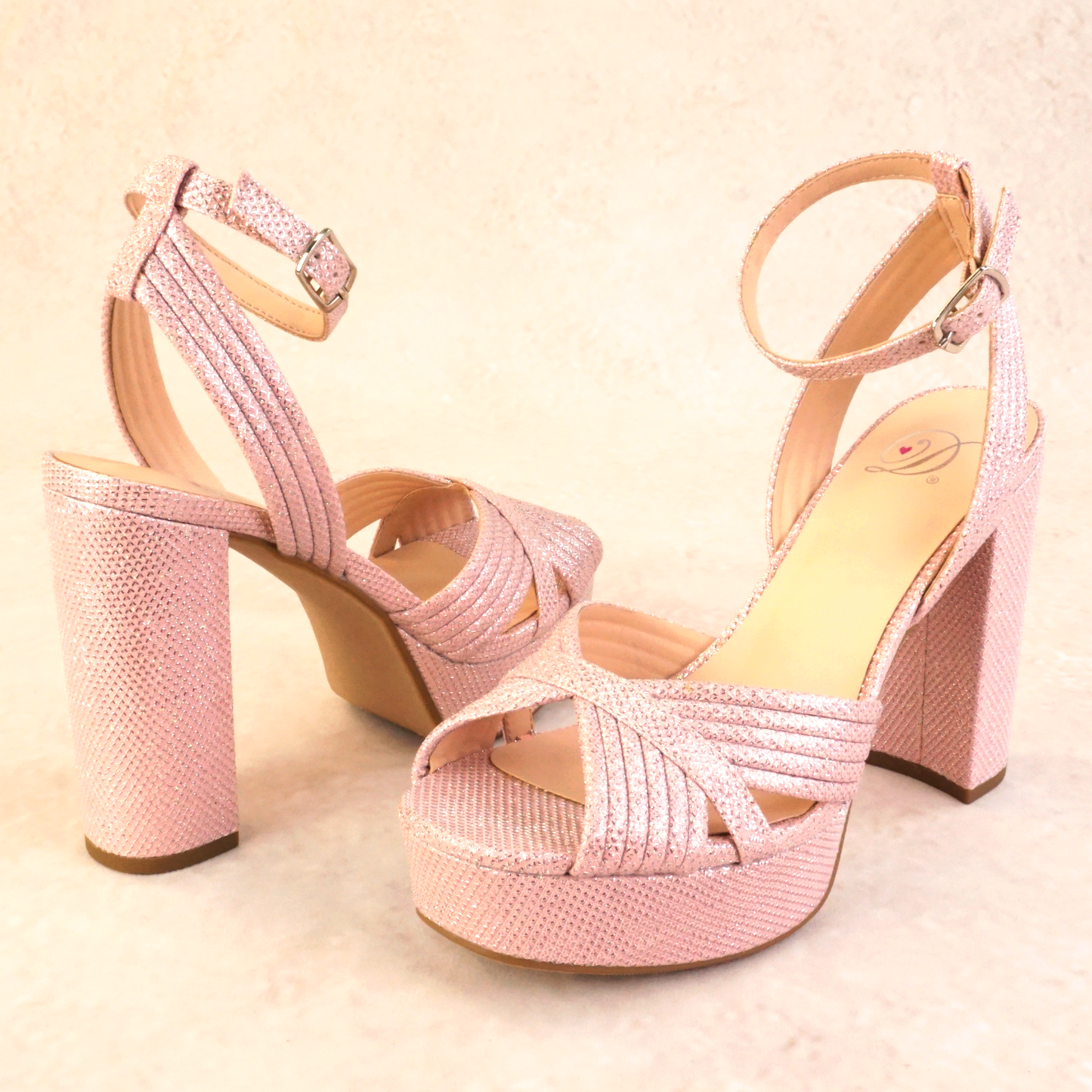 Pink shimmer block heels with buckle