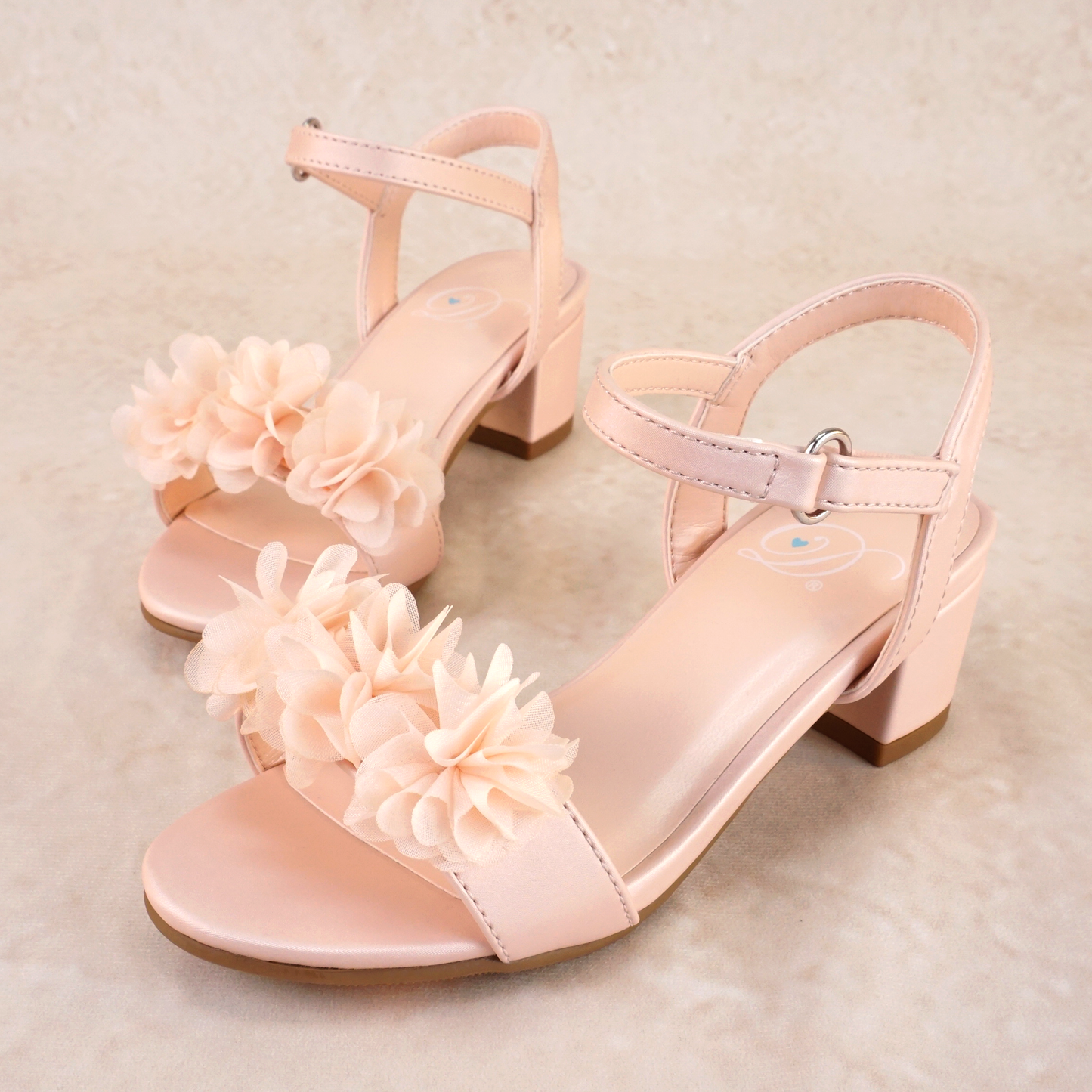 1.75" block heel single band pink sandal with floral detail