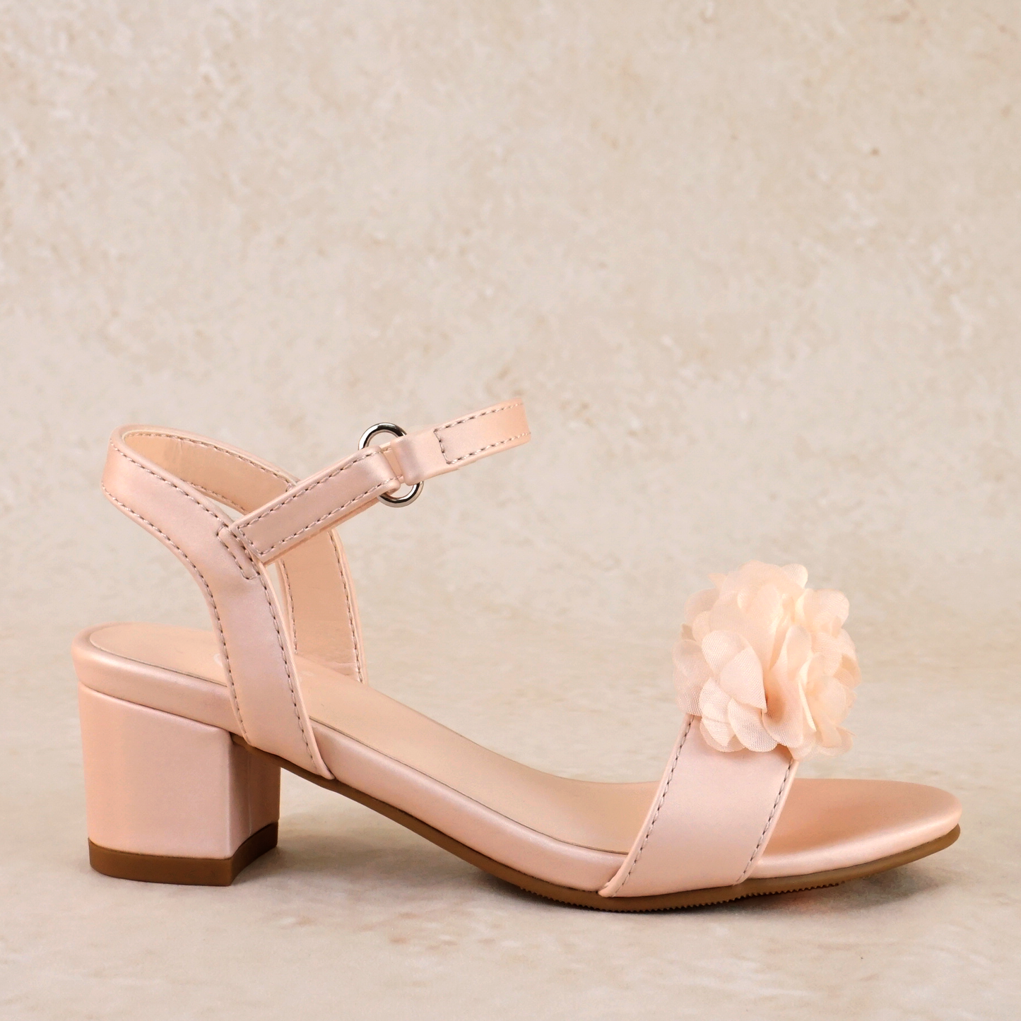1.75" block heel single band pink sandal with floral detail