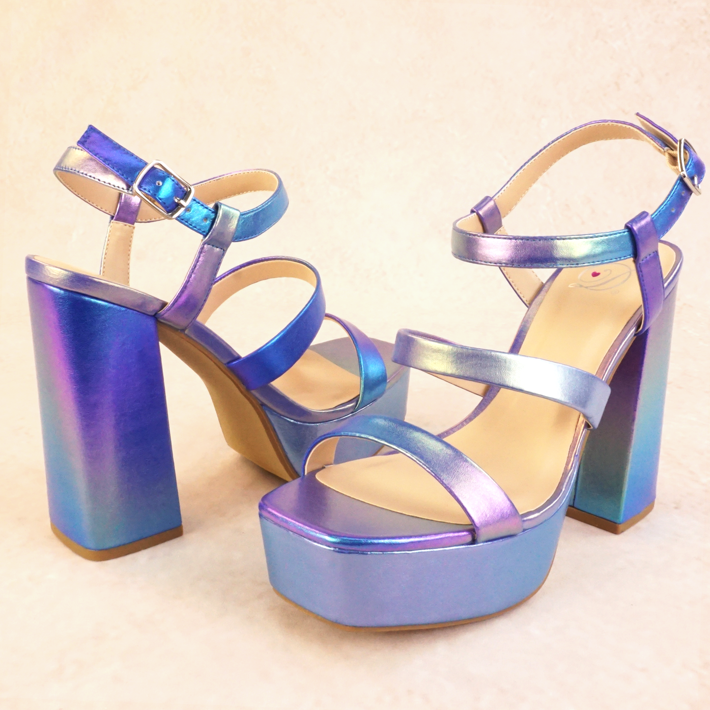 Purple iridescent strappy block heels