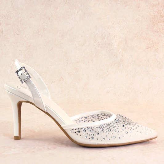 White d’orsay pump with adjustable slingback and a 3.5" heel