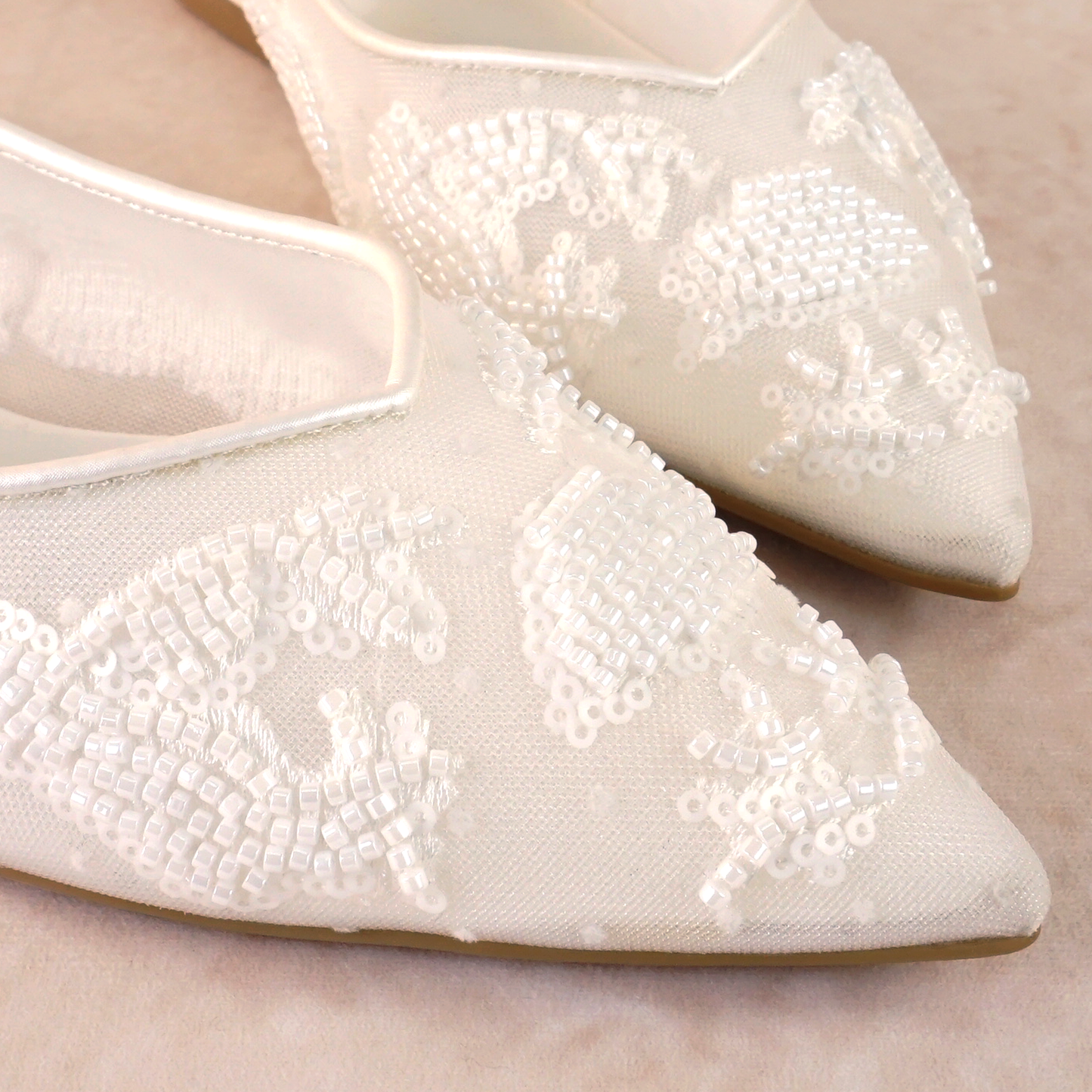 Pointed-toe slingback mesh white flat with beading