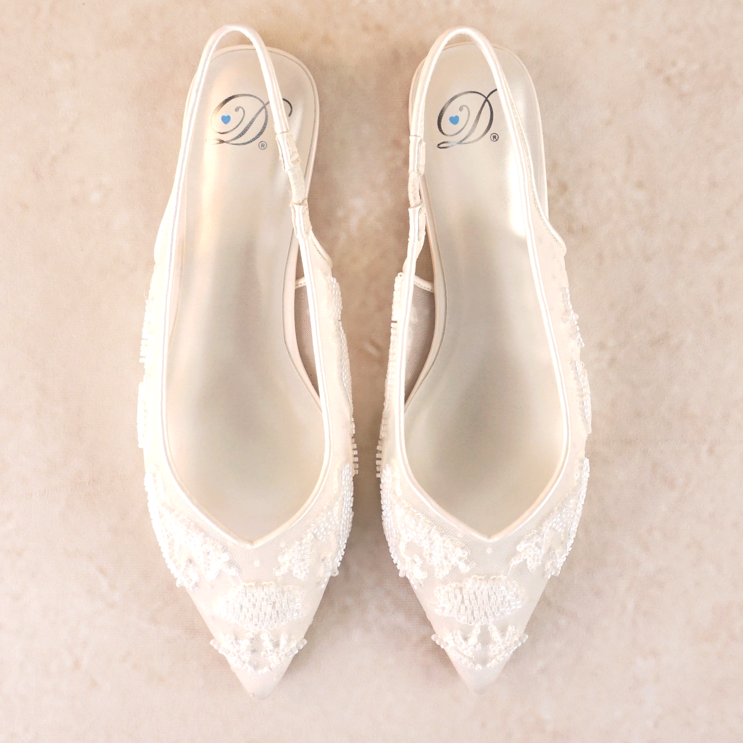 Pointed-toe slingback mesh white flat with beading