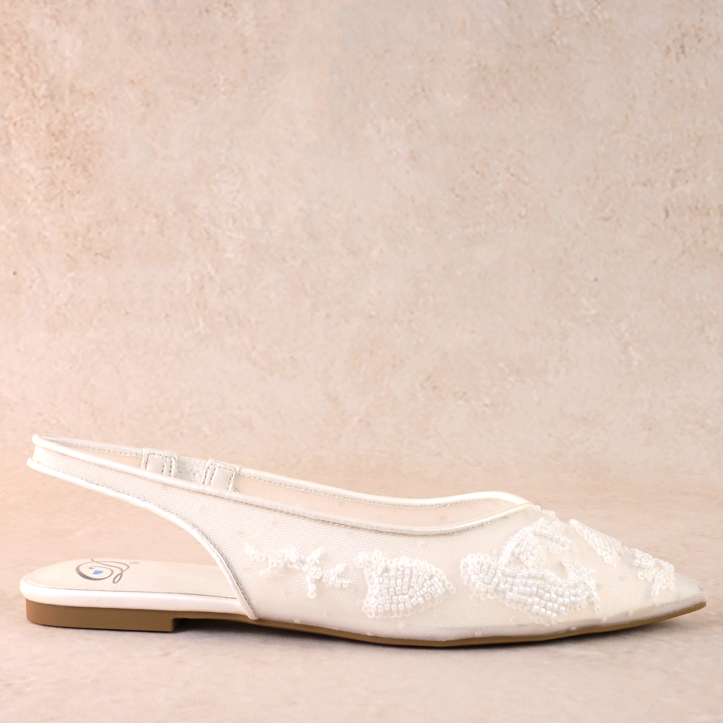 Pointed-toe slingback mesh white flat with beading