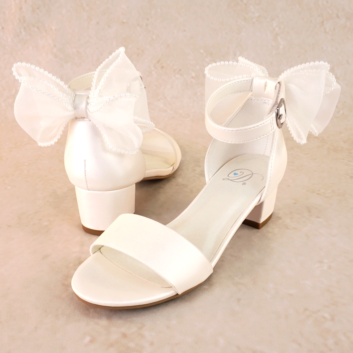 1.75" block heel single band white sandal with bow on the back