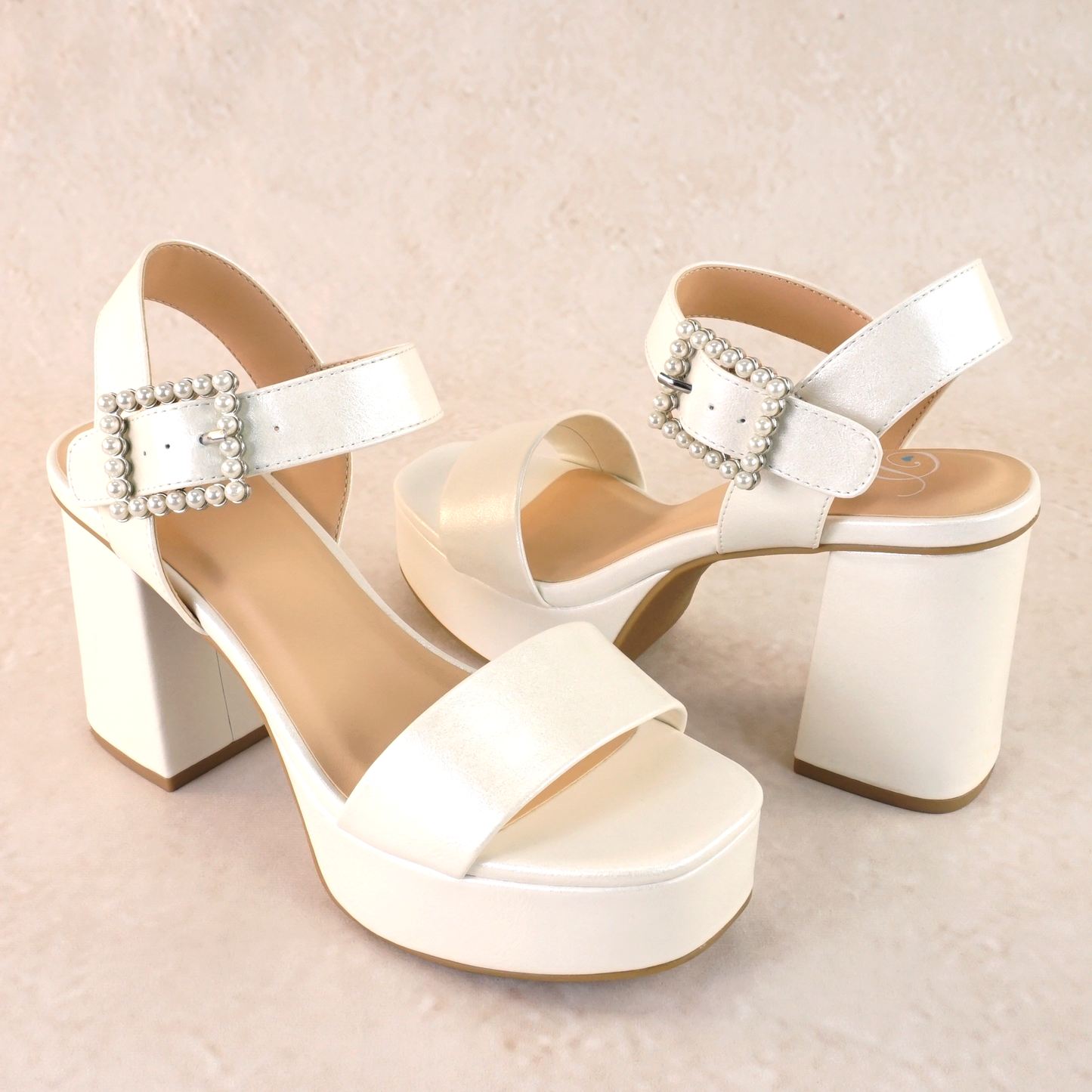 3.75" block heel in white with 1.5" platform and a pearl detail buckle