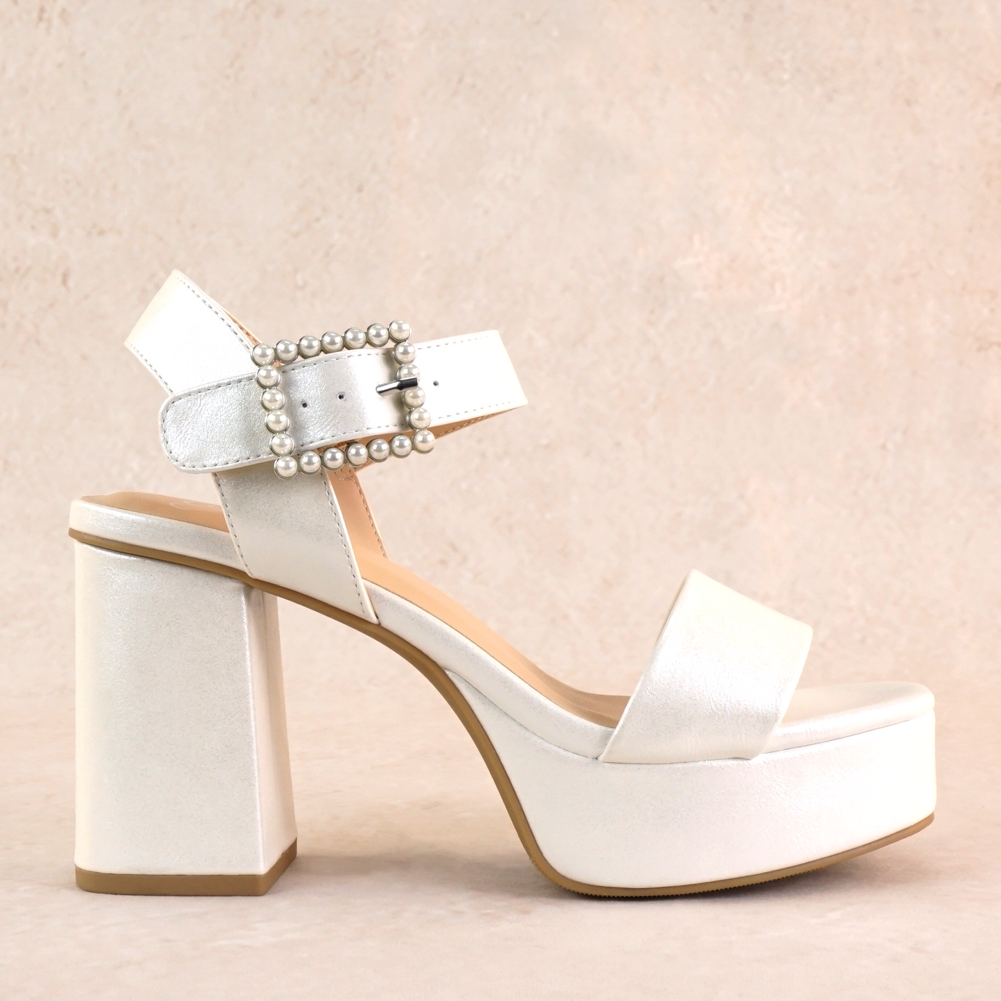 3.75" block heel in white with 1.5" platform and a pearl detail buckle