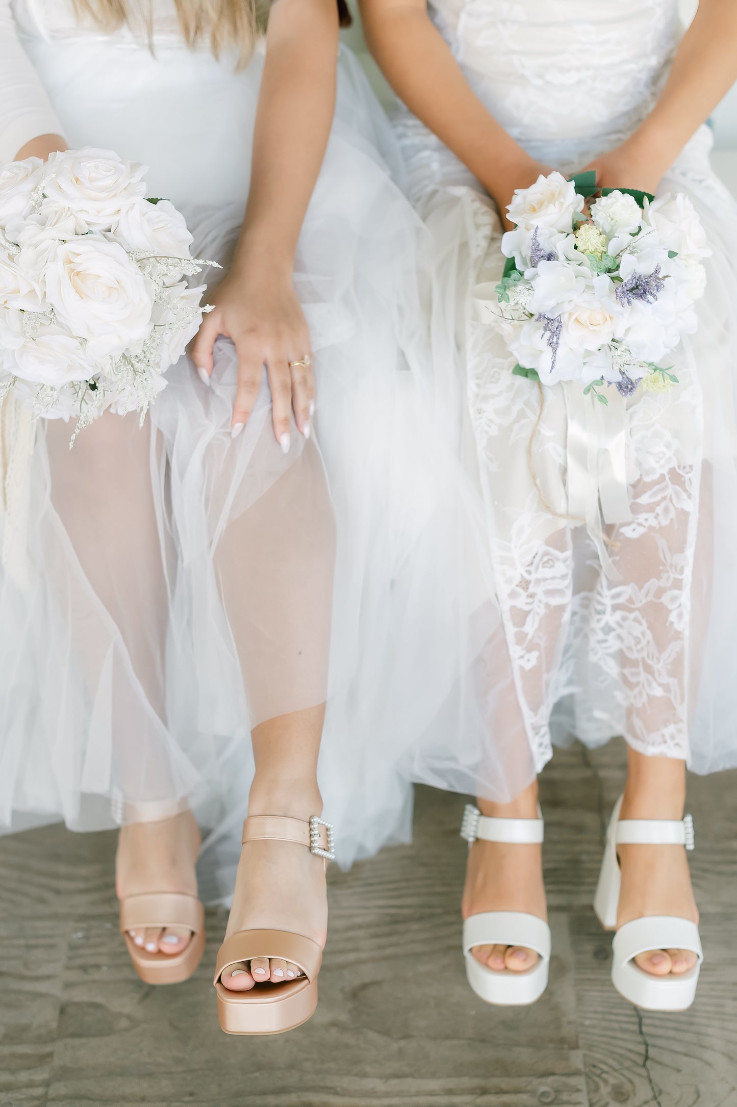 3.75" block heels in champagne and white with 1.5" platform and a pearl detail buckle worn by two women in white dresses
