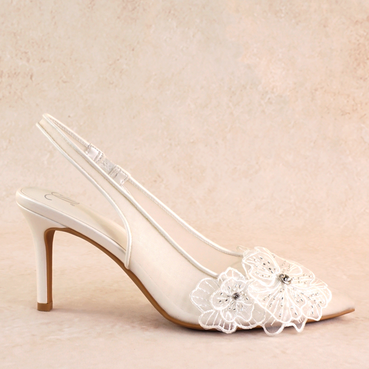 White mesh elasticized slingback pointed-toe 3.5" pump with rhinestone flower detail