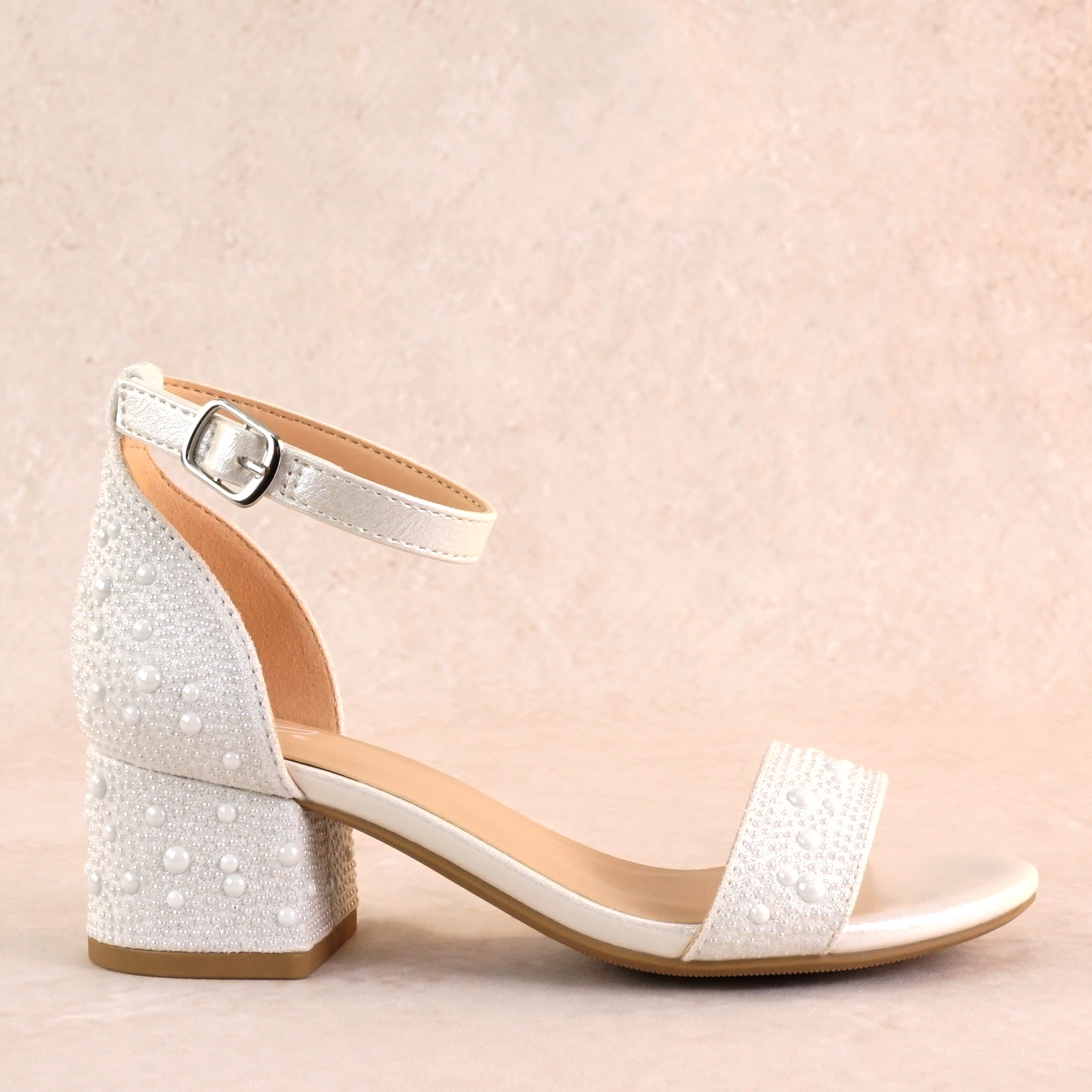 1.75" block heel sandal with allover pearl detail
