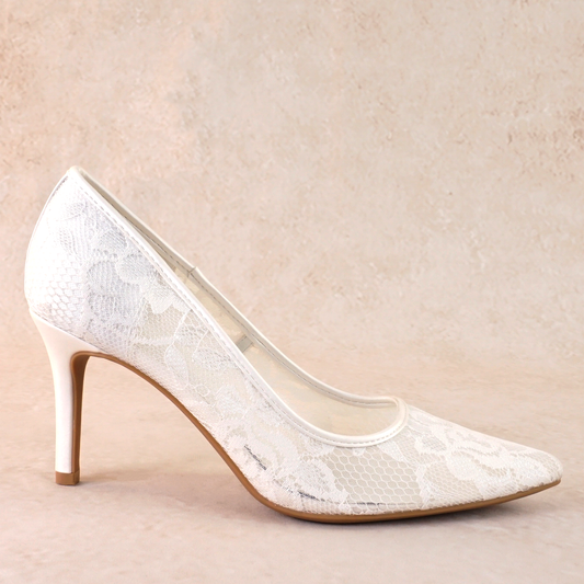 Classic white allover sheer lace stiletto pump with a 3.5" heel
