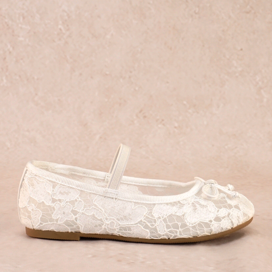 Allover lace flat with elasticized Mary Jane strap and bow detail