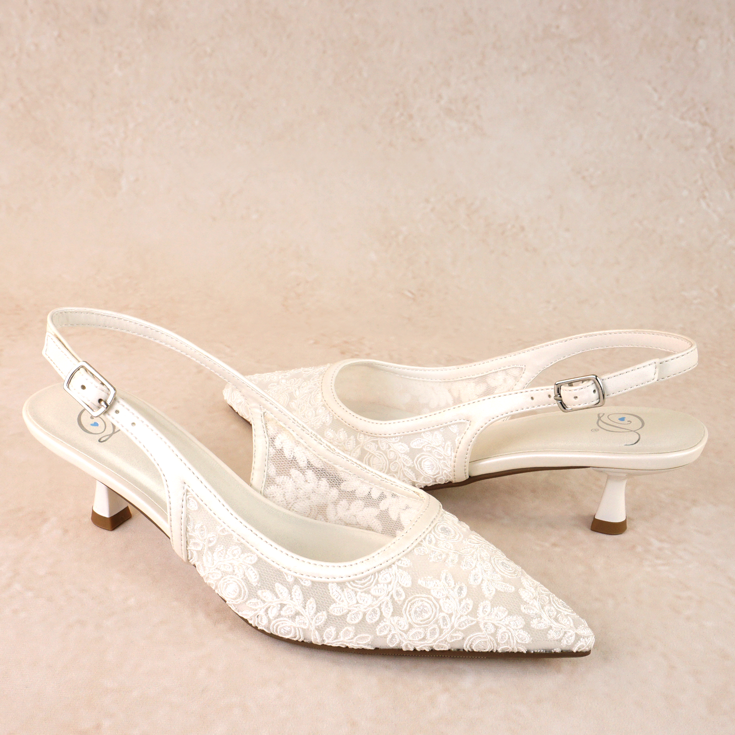 Allover lace 2.25" kitten heels with adjustable slingback