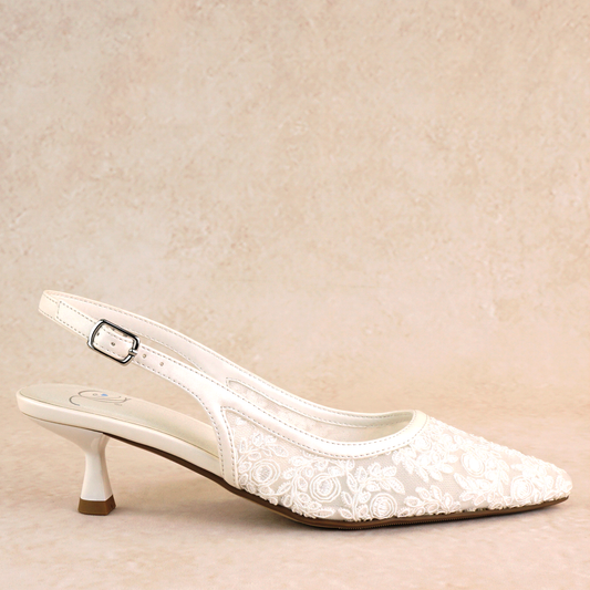 Allover lace 2.25" kitten heels with adjustable slingback