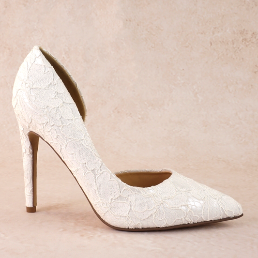 White lace d’orsay cut-out stiletto with a 4.25" heel