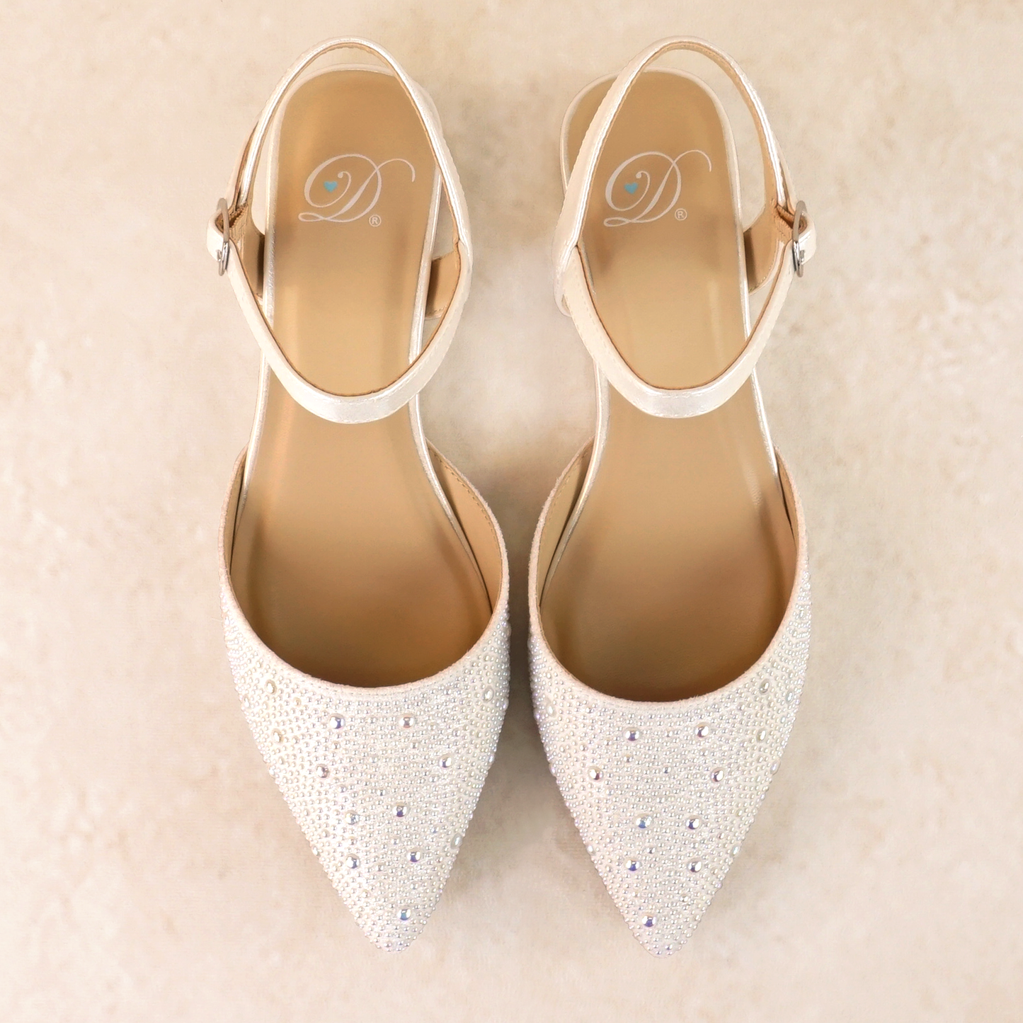 Ankle strap open-heeled white flat with allover pearls