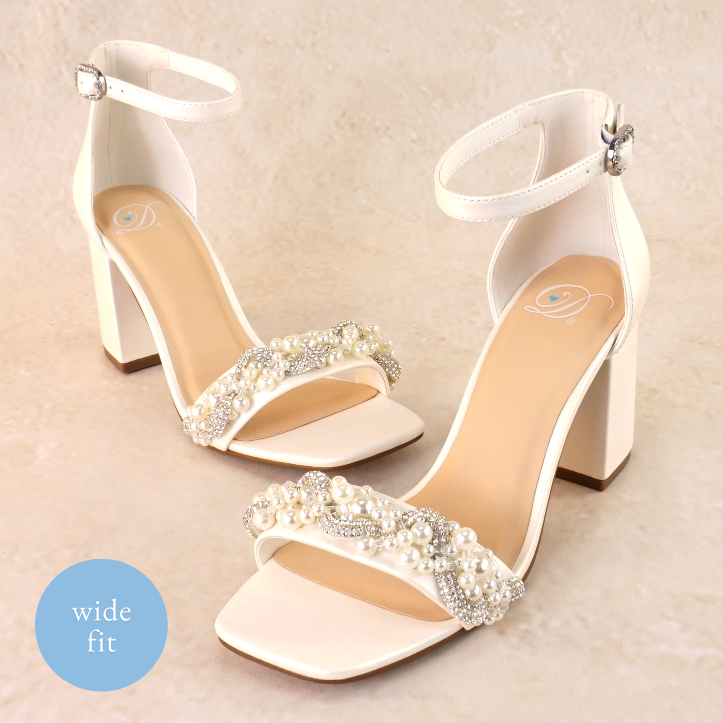 Pearls and rhinestones intertwined on a wide fit single-band 3.25" ankle strap block heel