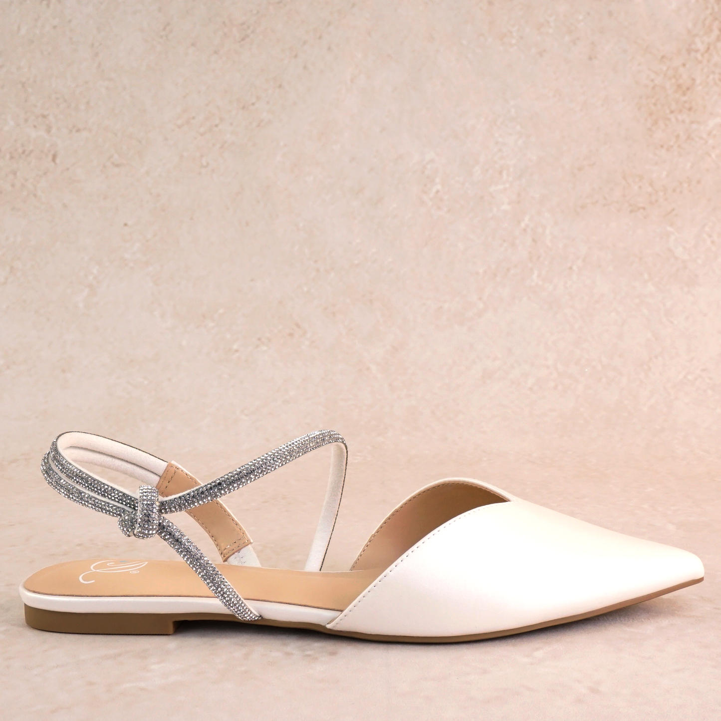 Pointed-toe slingback white flat with rhinestone strap