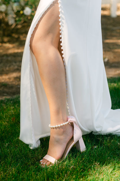Morgan Satin Block Heels with Pearl Ankle Strap