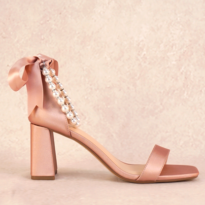 Morgan Satin Block Heels with Pearl Ankle Strap