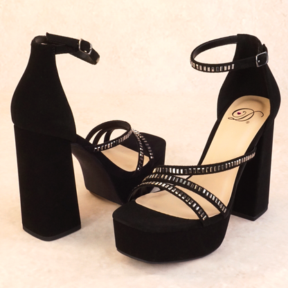 Black nubuck strappy block heels with rhinestones