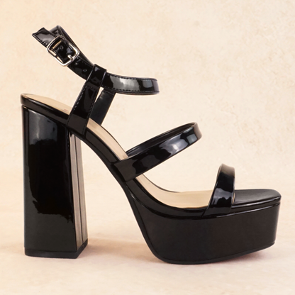Black patent strappy block heels