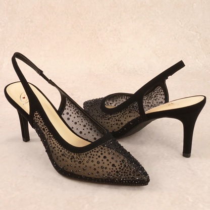 A pair of black mesh rhinestone studded pump heels with elastic slingback strap