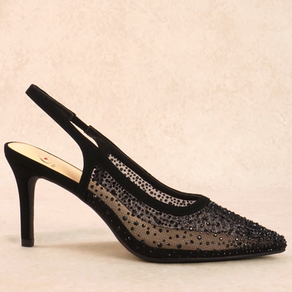 A black mesh rhinestone studded pump heel with elastic slingback strap