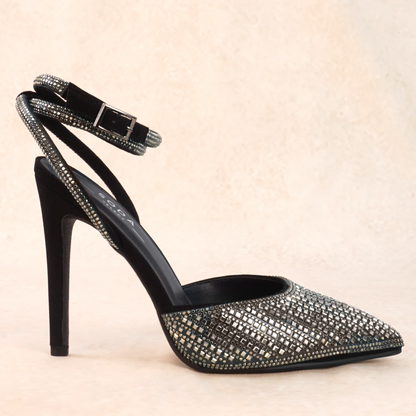 A black stiletto heel with gunmetal rhinestones and wraparound ankle strap