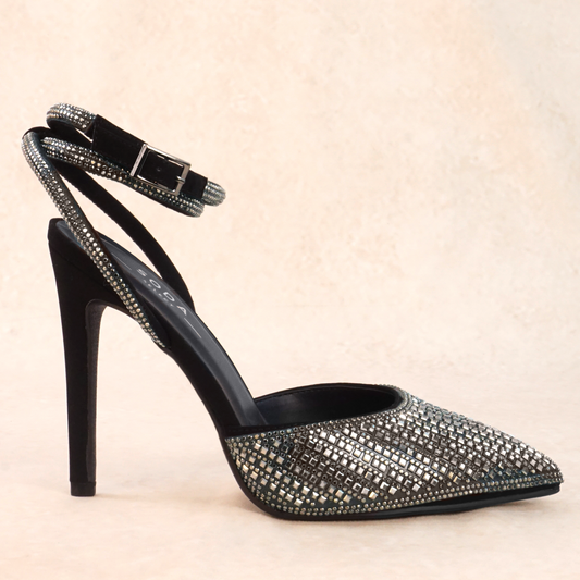 A black stiletto heel with gunmetal rhinestones and wraparound ankle strap