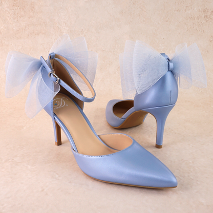 Blue d’orsay pump with ankle strap bow detail and a 3.25" stiletto heel