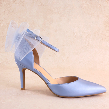 Blue d’orsay pump with ankle strap bow detail and a 3.25" stiletto heel