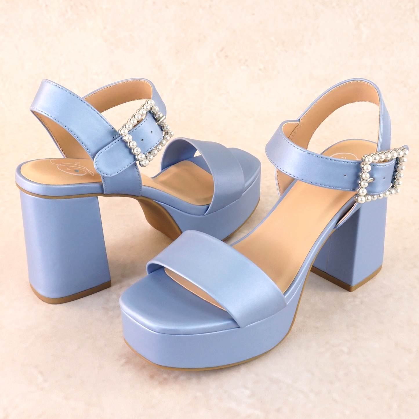 3.75" block heel in blue with 1.5" platform and a pearl detail buckle