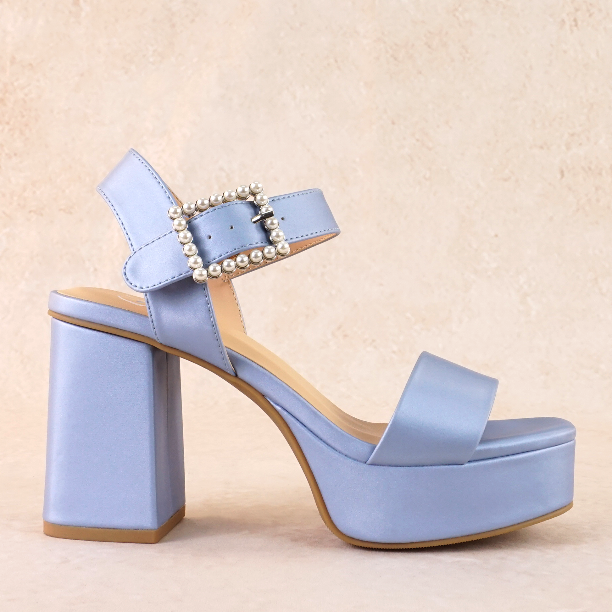 3.75" block heel in blue with 1.5" platform and a pearl detail buckle