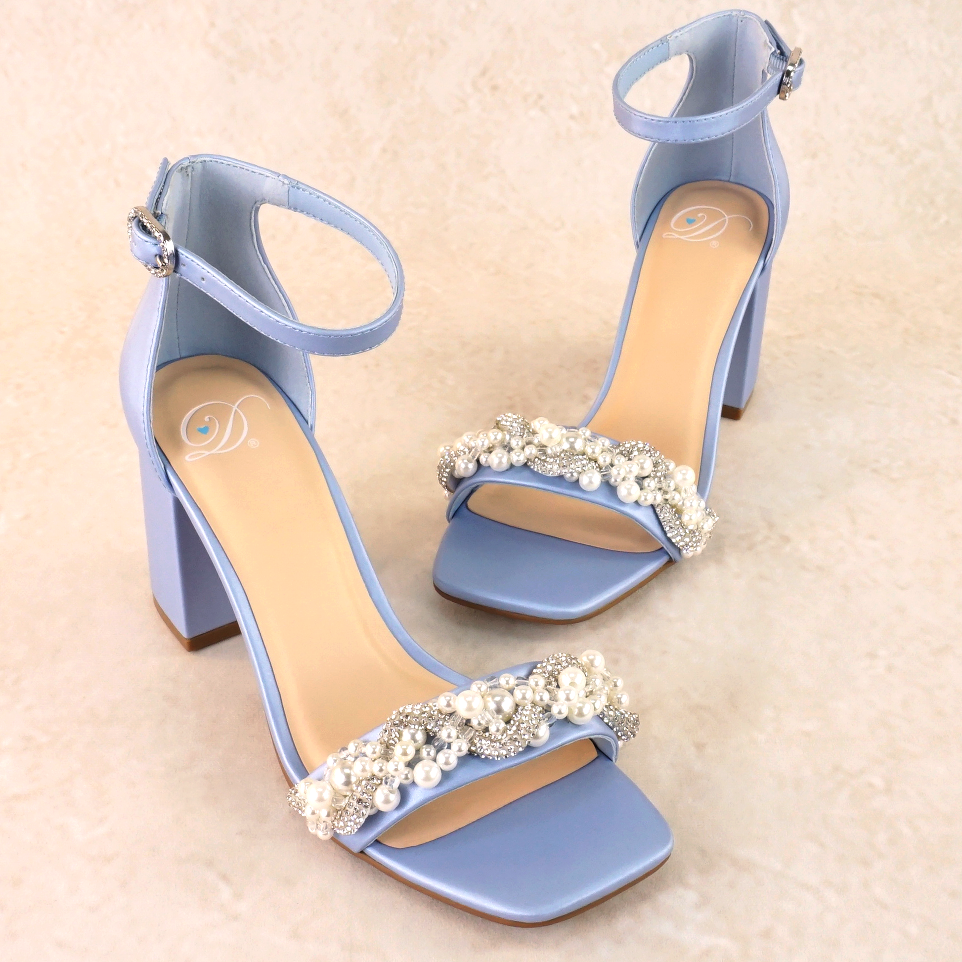 Pearls and rhinestones intertwined on a blue single-band 3.25" ankle strap block heel