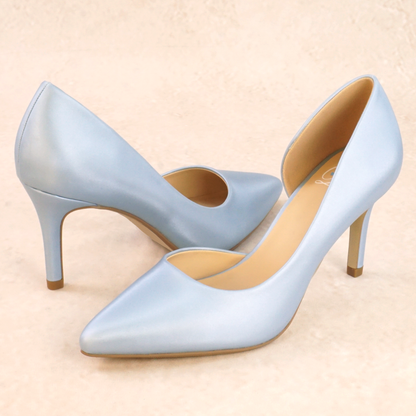 A pair of blue satin stiletto heels