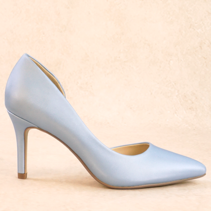 A blue satin pump stiletto heel