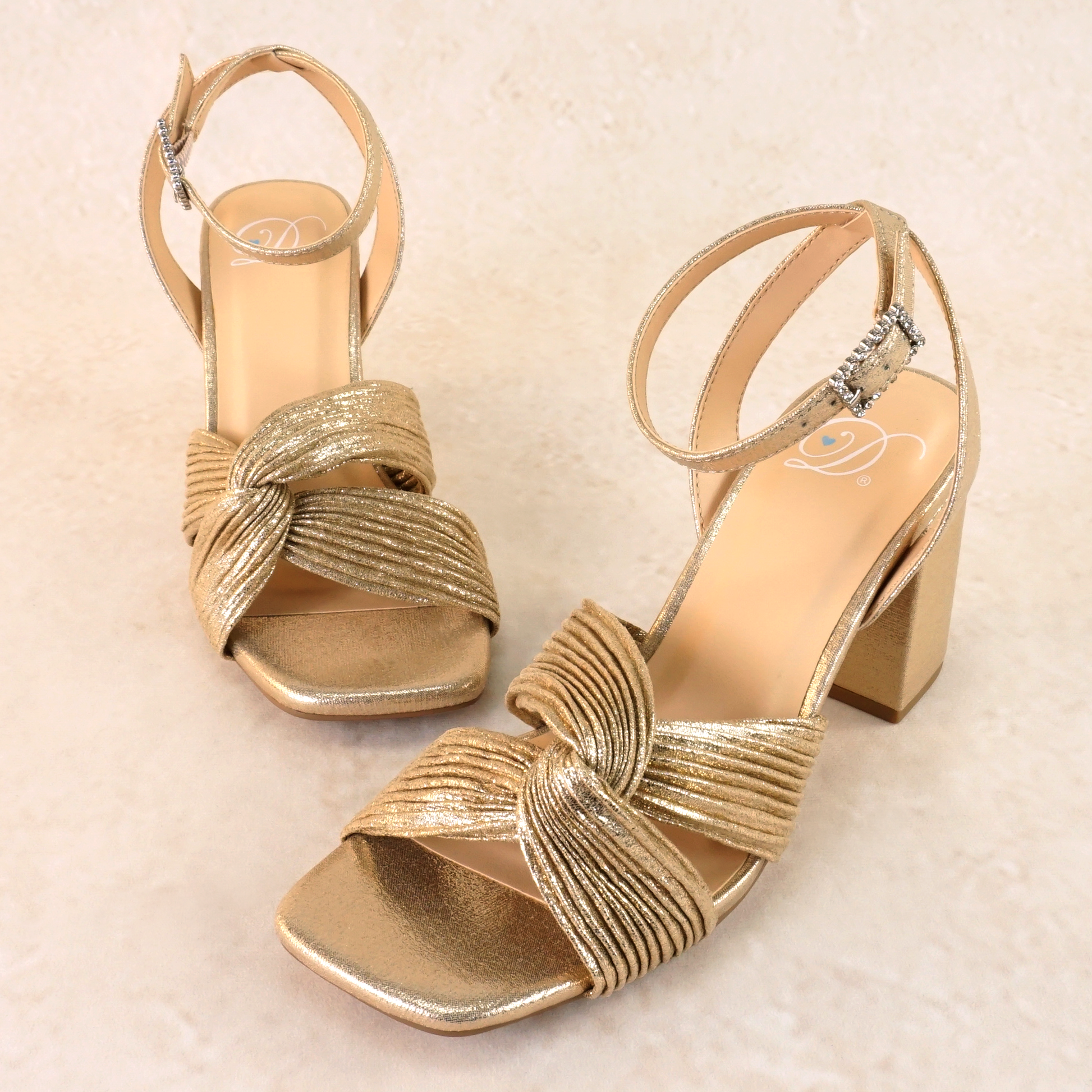 Pleated shimmer metallic knotted 3.25" block heel with ankle strap