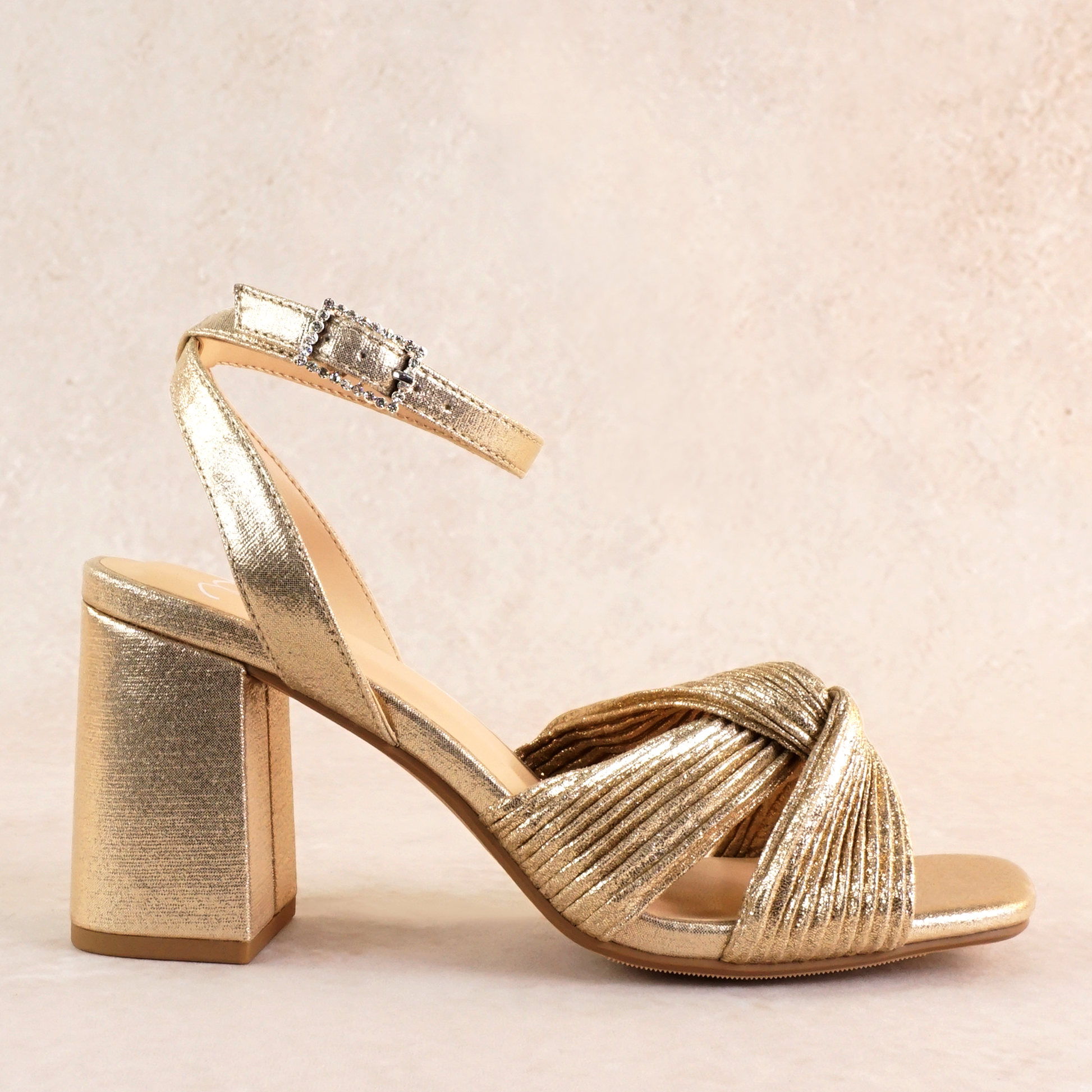 Pleated shimmer metallic knotted 3.25" block heel with ankle strap