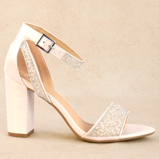 A while pearlescent block heel with pearls and rhinestones and adjustable ankle strap
