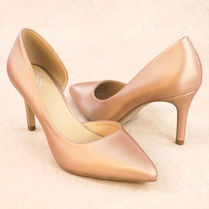 A pair of penny satin stiletto pump heels