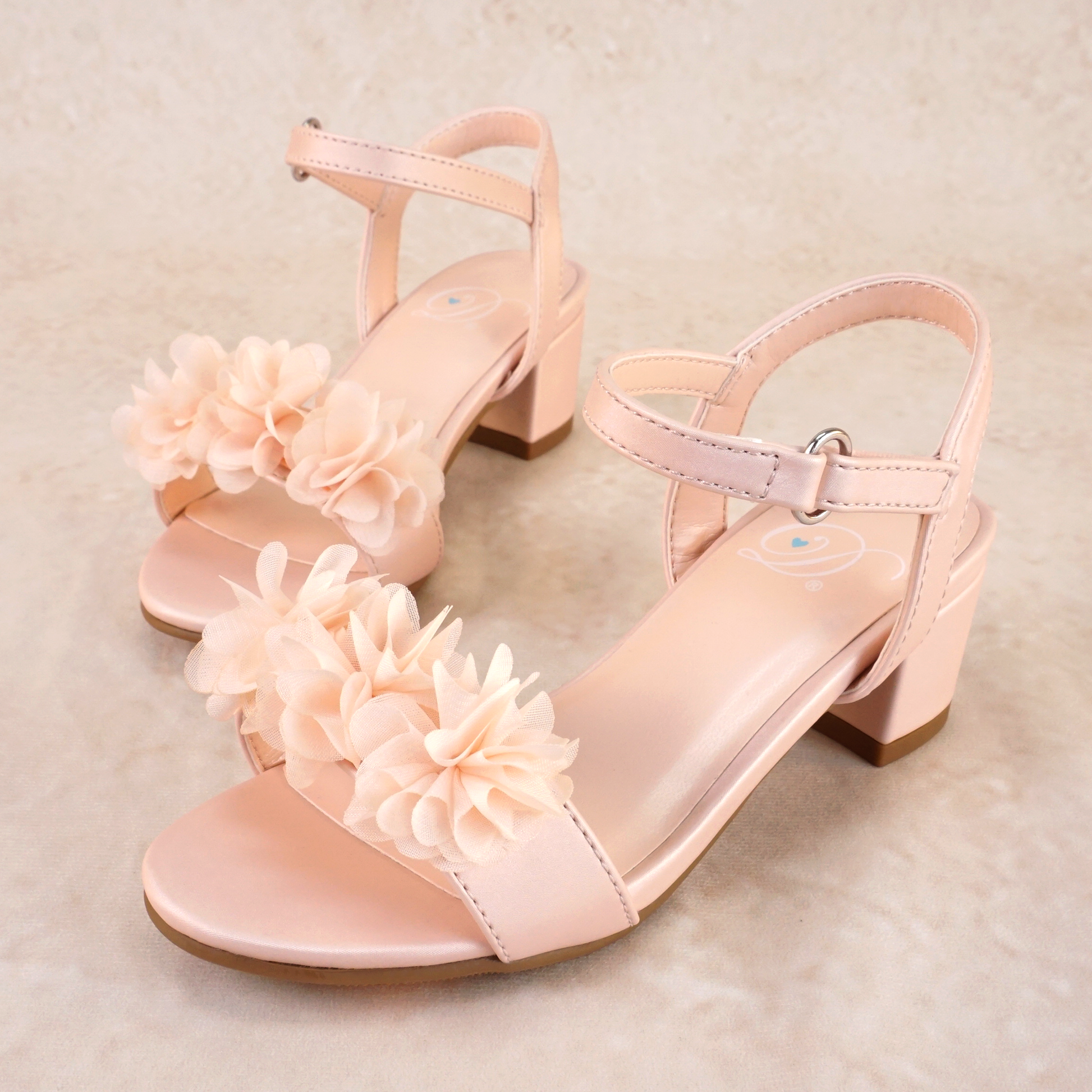 1.75" block heel single band pink sandal with floral detail